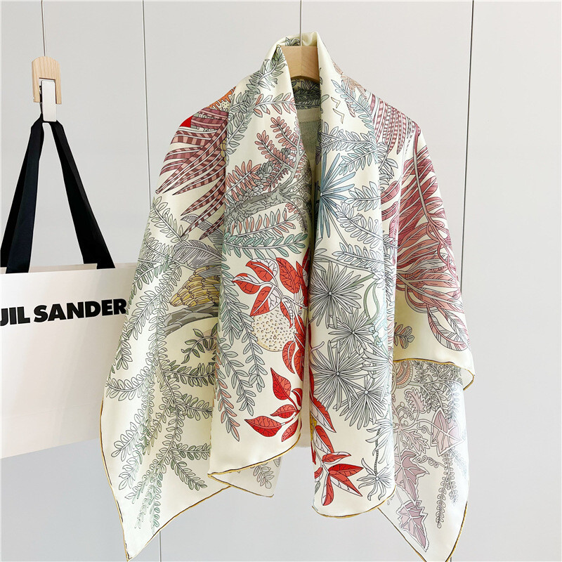 関税なし 送料無料 Silk Twill Foulard Flowers Print Pure Twill Silk Wrap Scarf Bandana Large