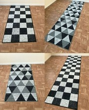 Grey Checkered Kitchen Runner Mats Washable Non Slip Rubber Back Geometric