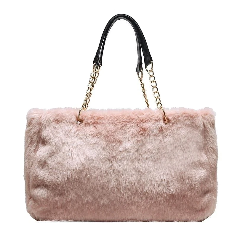 New Winter Women Fashion Messenger Light Pink Tote Bag Faux Fur Shoulder  Handbag