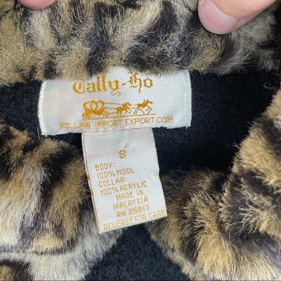 Suéter Pequeño Cuello Piel Sintética Marrón Leopardo Negro 100% Lana Tally Ho De Colección Foto 2 de 4