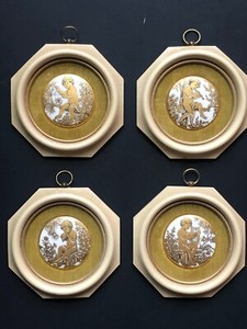 4 Vintage CHERUB 24K GOLD Antique SUNGOTT PORCELAIN Enamel Decor *PLAQUES