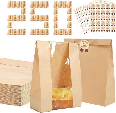 Set 250 Bread Bags for Homemade Bread Large Kraft Paper Bakery Bag Seal Sticker