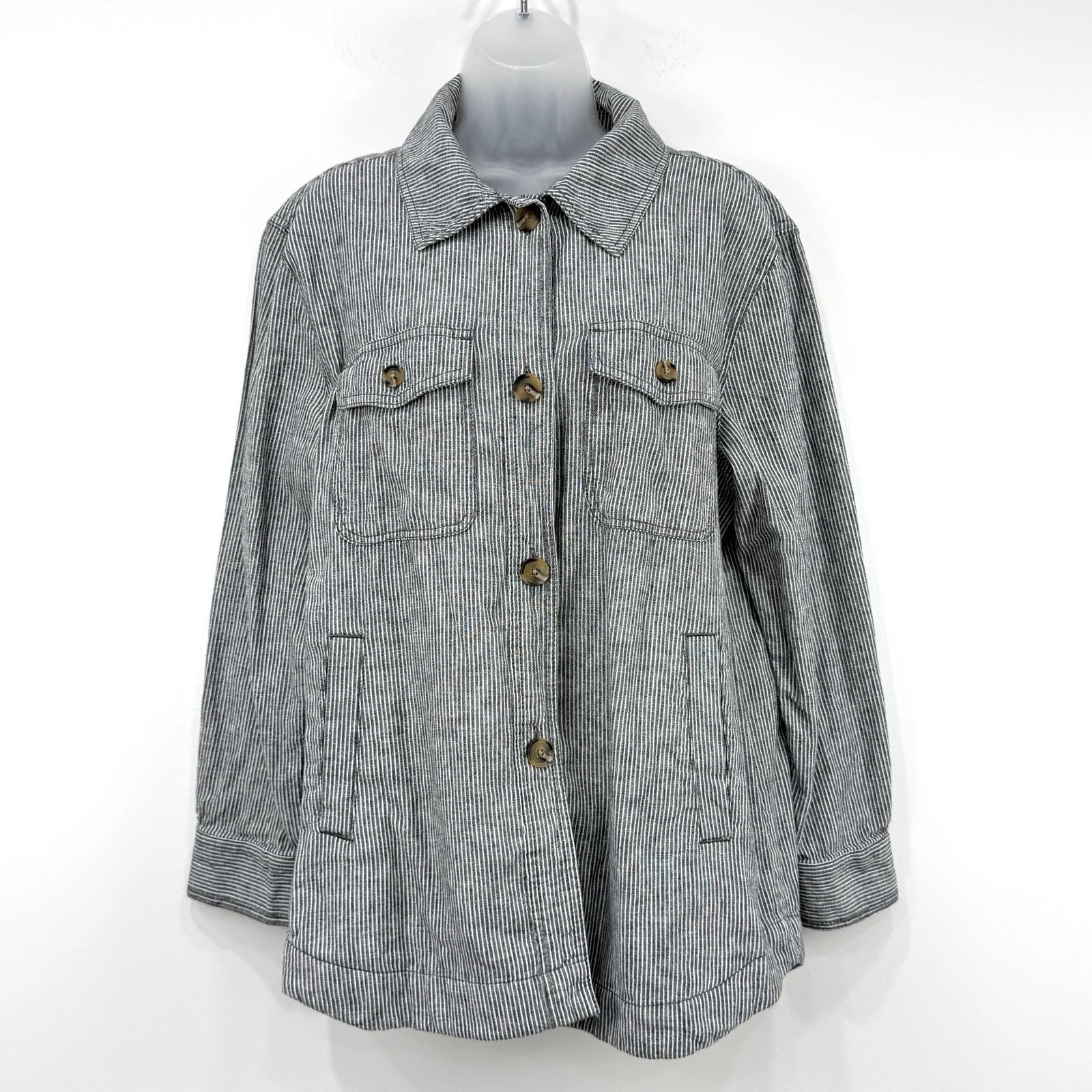 Ann Taylor Loft Shirt Jacket Womens M Gray Striped NWT Linen Blend Utility Coast