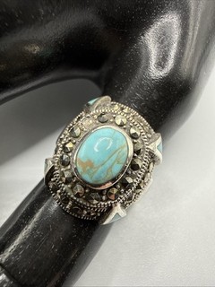 VTG Native American 925 Sterling Turquoise & Marcasite Ring. 9.4 Grams.Size 7.5