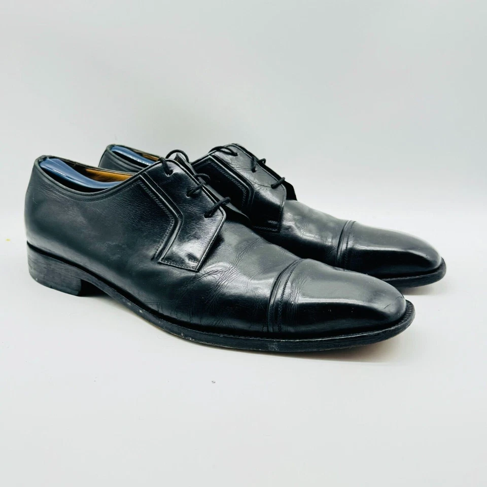Testoni Zapatos Para Hombres 9.5 Cuero Negro Puntera Oxford Brogue Vintage Italia Vestido Foto 2 de 4