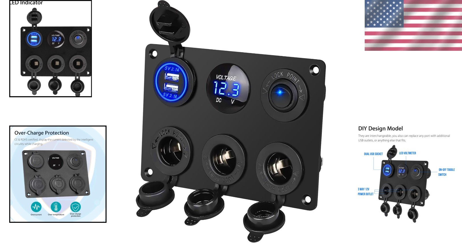Compact Marine 6 in 1 Charging Panel with Waterproof USB Ports & Rocker Switch