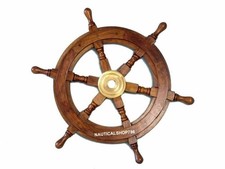 18Inch Wooden Ship Wheel Wall Vintage Brown Brass Nautical Collectible Decor