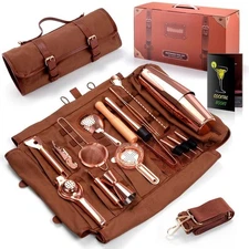 Travel Bartender Kit Bag, 17-Piece Copper Bar Tool Set Professional Cocktail ...