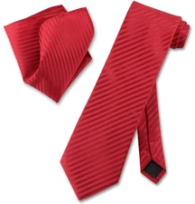 Vesuvio Napoli RED Striped NeckTie and Handkerchief Matching Mens Neck Tie Set