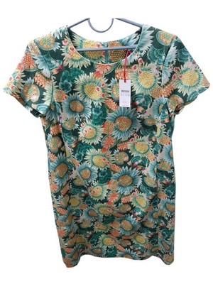 NWT OILILY WOMENS Green FLORAL KNEE LENGTH short cap sleeve Dress Sz L 42
