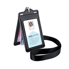 Badge Holder with 2 Lanyard Leather Easily Holds 1 to 6 Vertical, Black
