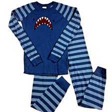 Hanna Andersson Pajama 2-Piece Set Long John Shark Face Boys 150/12 Blue Stripes