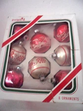 Box of 8 Vtg Assorted Shiny Brite Red & White Mica/ Stenciled Christmas 2 1/4"