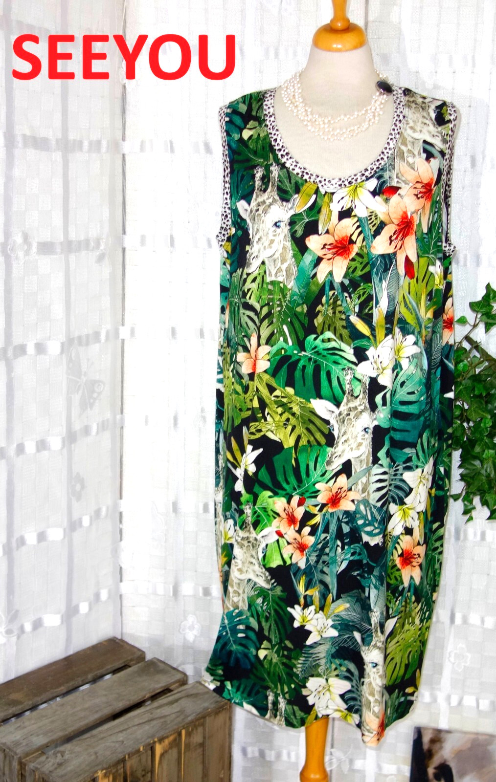 VESTIDO DE MUJER DE DISEÑO SEEYOU talla 44 + VERDE colorido WILDLIFE JIRAFA + patrón Leo