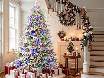 5.5 7.5FT Flocked Cedar PE Mix Pre Lit Christmas Tree Dual Color LED with Remote