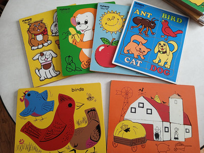 Playskool Vintage Wood Puzzles Lot of 6 Animals Monkey Birds Farm Barn