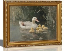 Vintage Gold Framed Duck Family Canvas Wall Art, Countryside Ducks in River P...