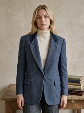 Vintage Herringbone Tweed Blazer Jacket Academia Heritage Longline Wool Size 12