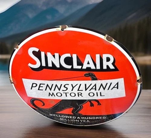 VINTAGE 12” SINCLAIR DINO MOTOR OIL PORCELAIN GAS PUMP DOME METAL SIGN