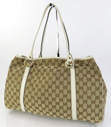 Authentic GUCCI Twins Brown GG Canvas Off-White Leather Tote Bag Purse #62671