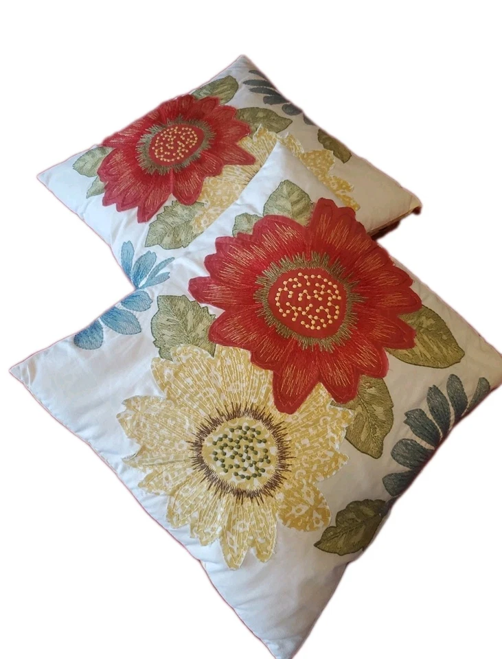 2 Pier 1 Throw Pillows Bright Floral Embroidered Applique Textured Square 19x19 - Image 2 of 4