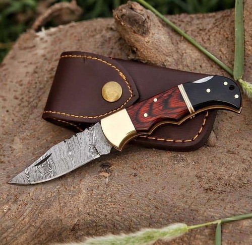 Damascus Steel Folding Pocket Knife | Rosewood Handle | Outdoor Hunting Camping - Picture 3 of 4