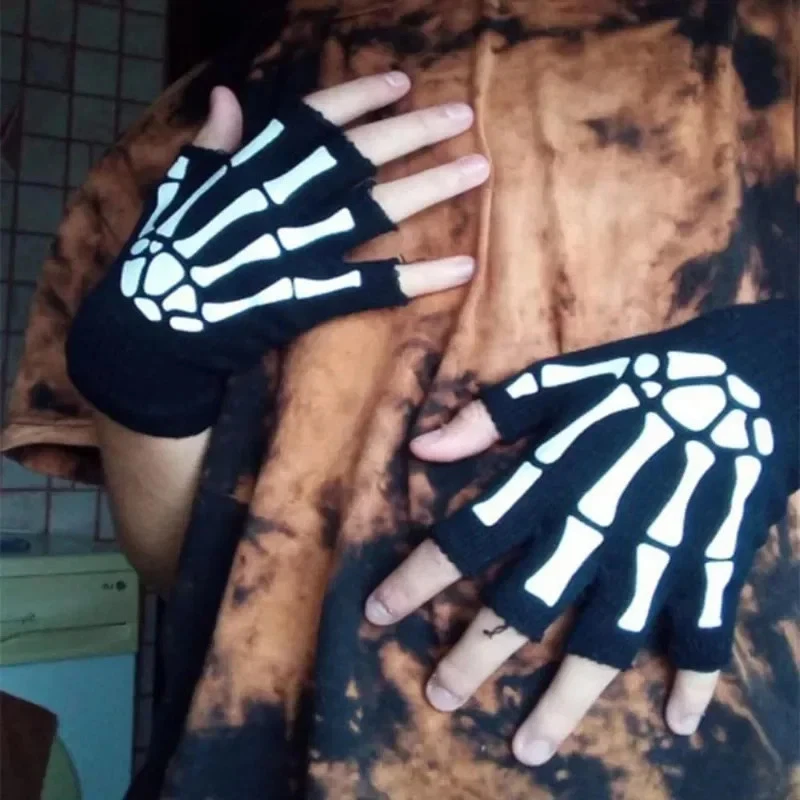Punk Halloween Handschuhe Skelett Halb Finger Leuchtend Stretch - Bild 4 von 4