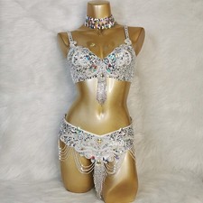 Women's Beaded Belly Dance Costumes Bra Belt 2pc Sets Dancer Wear Clothes New