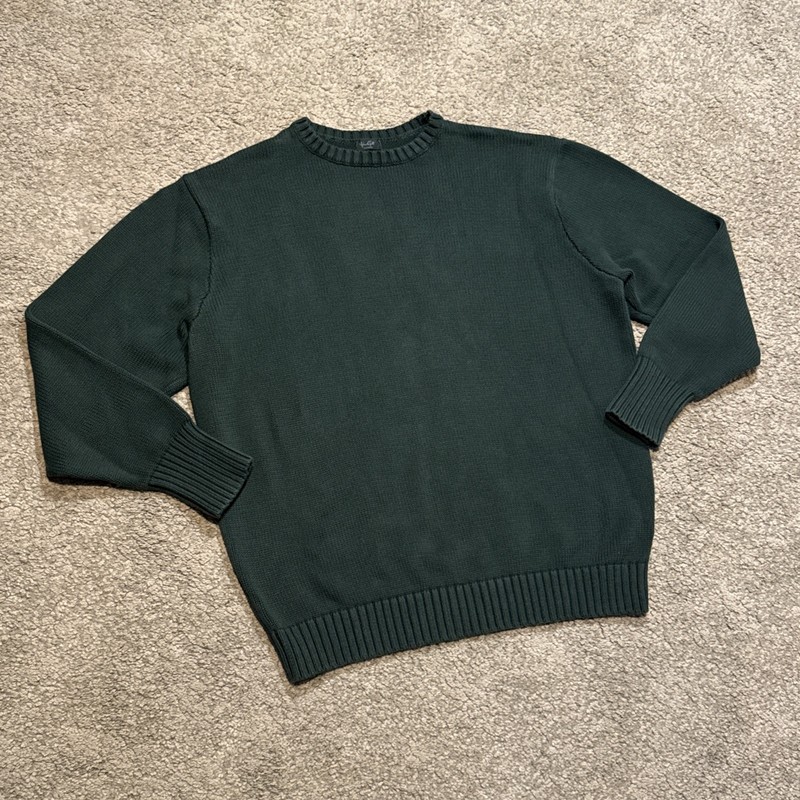 John Galt Men's Oversized Crewneck Knitted Sweater Green 100% Cotton Large