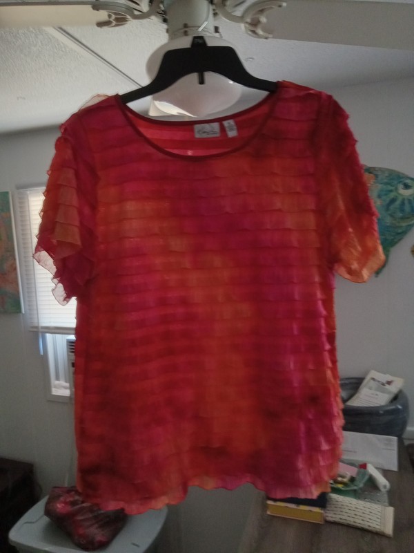 Kim Rogers Womens Top Orange & Pink Tiered Ruffle Shirt Short Sleeve. Size 1X 