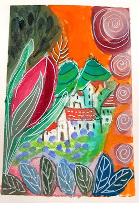 OOAK Original Gouache Gemälde ACEO Sintra Dorf Portugal Abstrakt Landschaft A