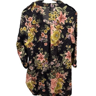 Sz 20W 2X DENIM 24/7 Black Pink Floral PIN TUCK Button Front