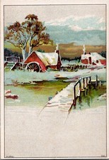 1880s Snow Covered Village Water Wheel Mill Junk Journal Victorian Trade Card
