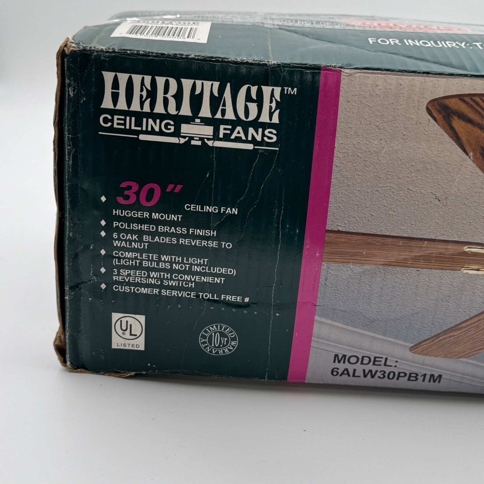 Heritage Ceiling Fan 30" Reversible Oak Walnut Blades With Light 3 Speed NOB