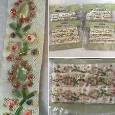 4 YDS Fabric Trim With Floral Bead And Sequin Pattern Christmas Colors 1” Wide