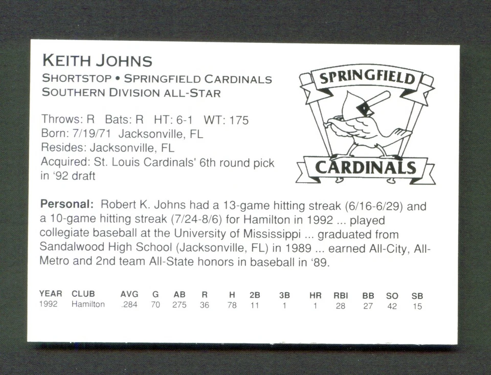 1993 Midwest League All-Stars KEITH JOHNS Springfield CARDINALS Jacksonville FL - Image 2 of 2