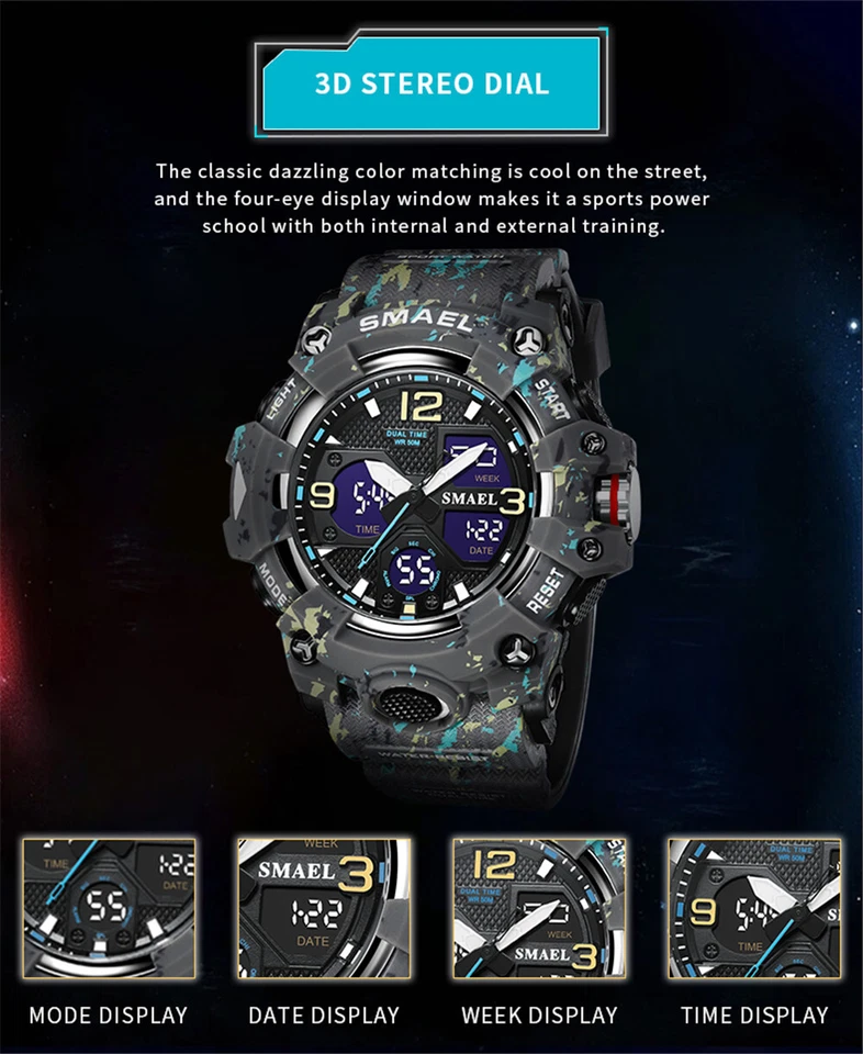 SMAEL Hombres Relojes Militares Ejército Digital Reloj Pulsera LED Goma Reloj Antigolpes  Foto 3 de 4