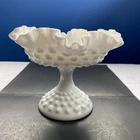 VTG Fenton Hobnail Milk Glass Pedestal Dish With Ruffled Edge Smooth Stem 5.5"