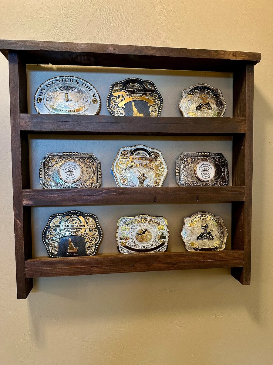 BELT BUCKLE ROW DISPLAY CASE, HOLDER, SHELF HOLDS BUCKLES, STAINED CEDAR