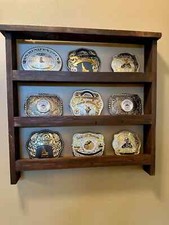 BELT BUCKLE 3 ROW DISPLAY CASE, HOLDER, SHELF HOLDS 9 BUCKLES, STAINED CEDAR