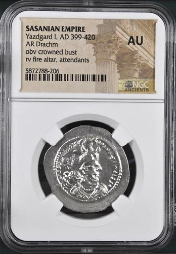 Sasanian Empire King Yazdgard I AD 399 - 420 NGC AU Silver Drachm