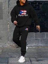 Puerto Rican Two Piece Sweatsuit Set All Black Sweatshirt & Sweatpants NEW