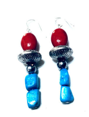 Native American Handmade Red & Turquoise Sterling Silver Beaded Long Earrings