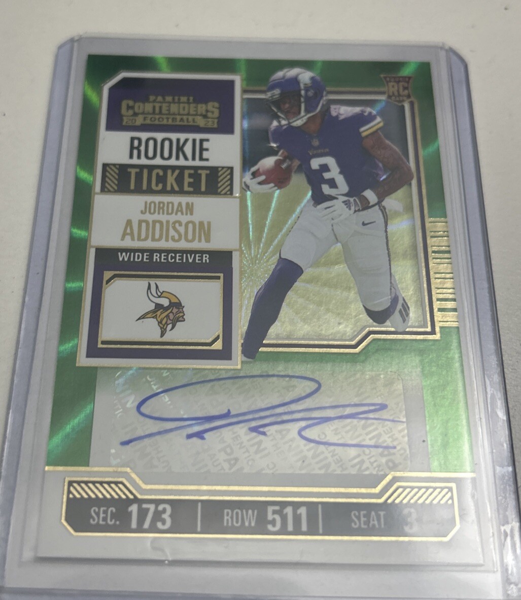 2023 Panini Contenders Jordan Addison Auto Rookie Ticket Green Laser Vikings RC