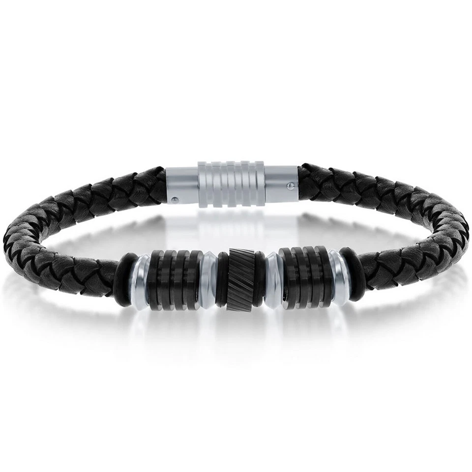 Men's Bracelet Two Tone Stainless Steel with Black Leather ST-1623