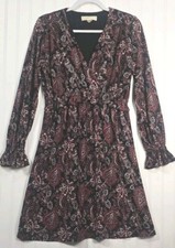 Michael Kors Paisley Dress Ruffled Elastic Waist V Neck Size Small Long Sleeves
