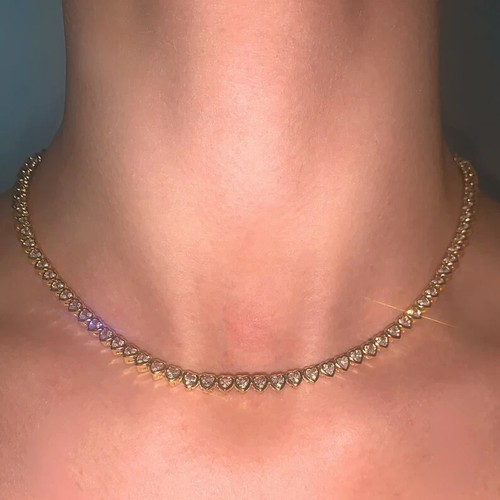 10Ct Heart Simulated Diamond WeddingHeart Tennis Necklace 14k Yellow Gold Plated - Picture 3 of 6