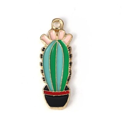 5 Kaktus Pflanze & rosa Blume Design goldfarben Charm Anhänger mit Emaille Detail