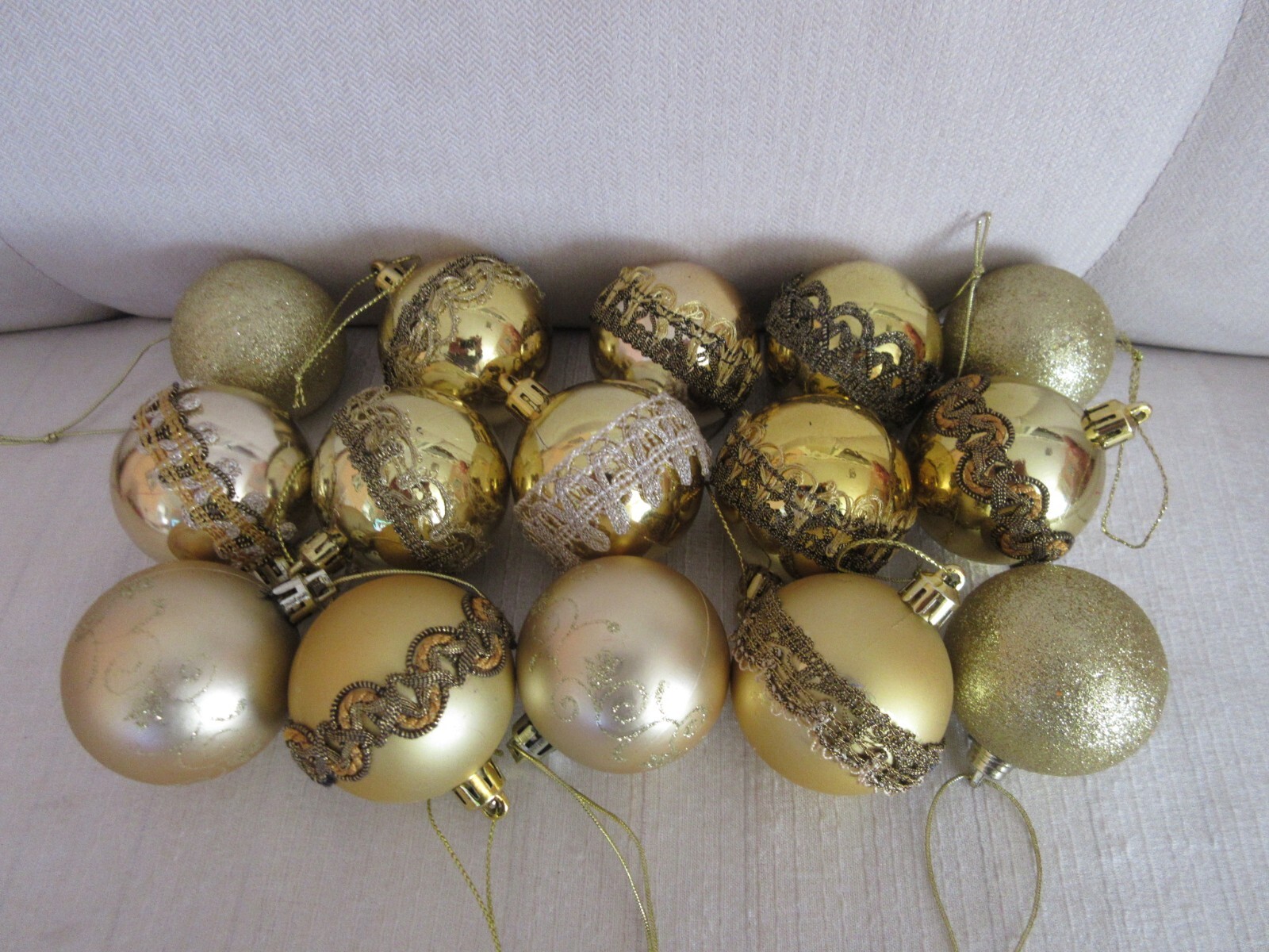 15 vintage golden baubles Christmas tree decorations. eBay