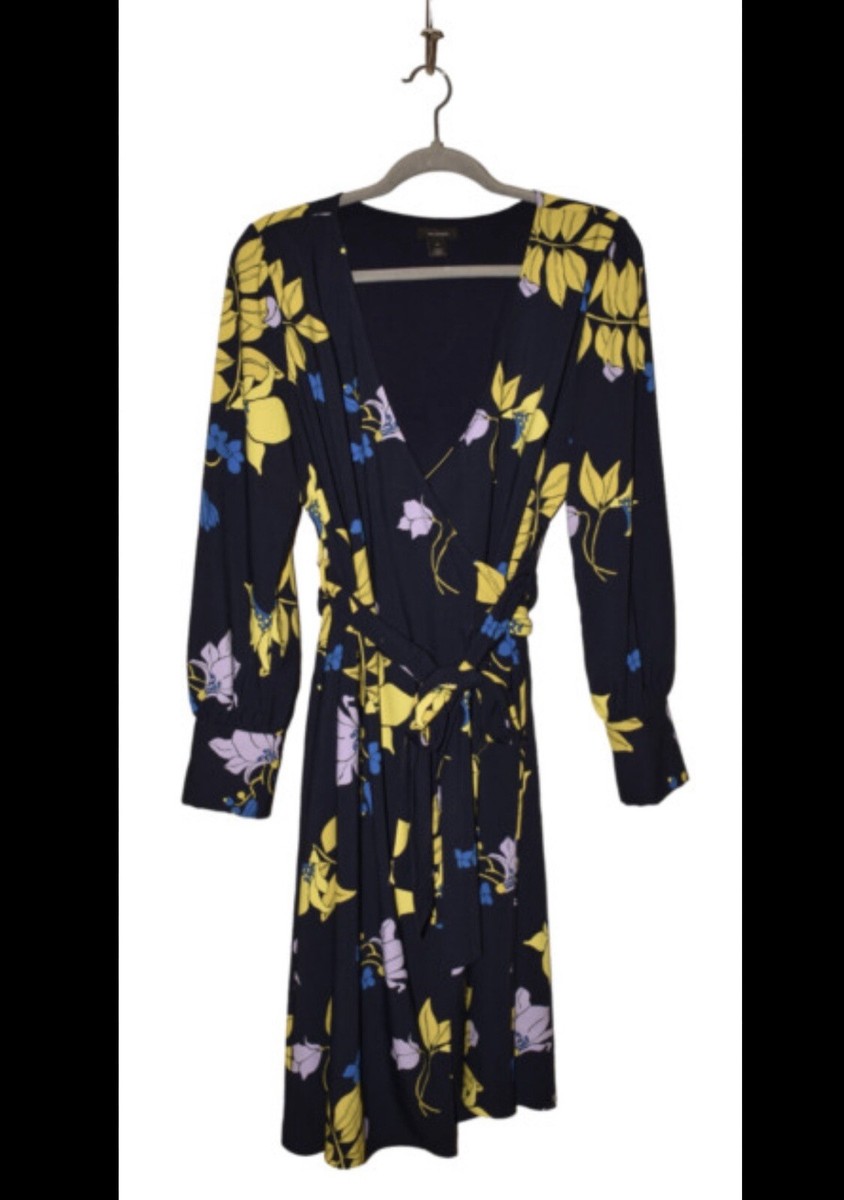 HALOGEN $99 Long Sleeve Surplice V-Neck Wrap Midi Dress Navy Floral Print  XL | eBay